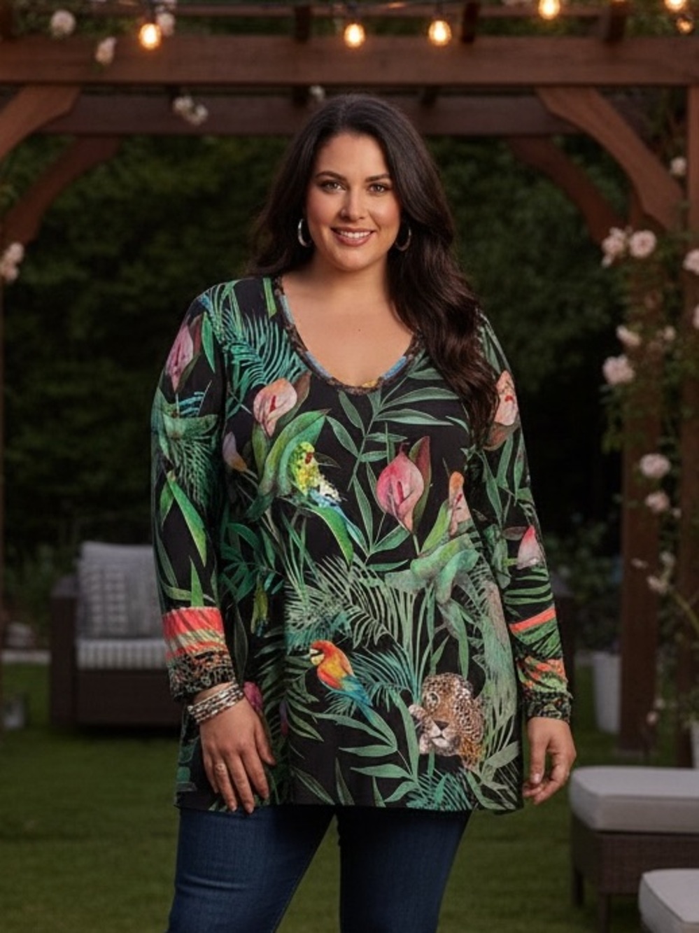 Johnny Was Black Tropical V-Neck Tunic with Green and Pink Botanical Print